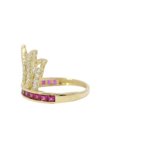 14KT Gold Ring Women's "15" Quinceanera Flame Tiara with Round White CZ Stones Outline and Dark Pink Square CZ Stones Band