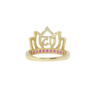 14KT Gold Ring Women's "15" Quinceanera Flame Tiara with Round White CZ Stones Outline and Dark Pink Square CZ Stones Band