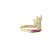 14KT Gold Ring Women's "15" Quinceanera Flame Tiara with Round White CZ Stones Outline and Dark Pink Square CZ Stones Band