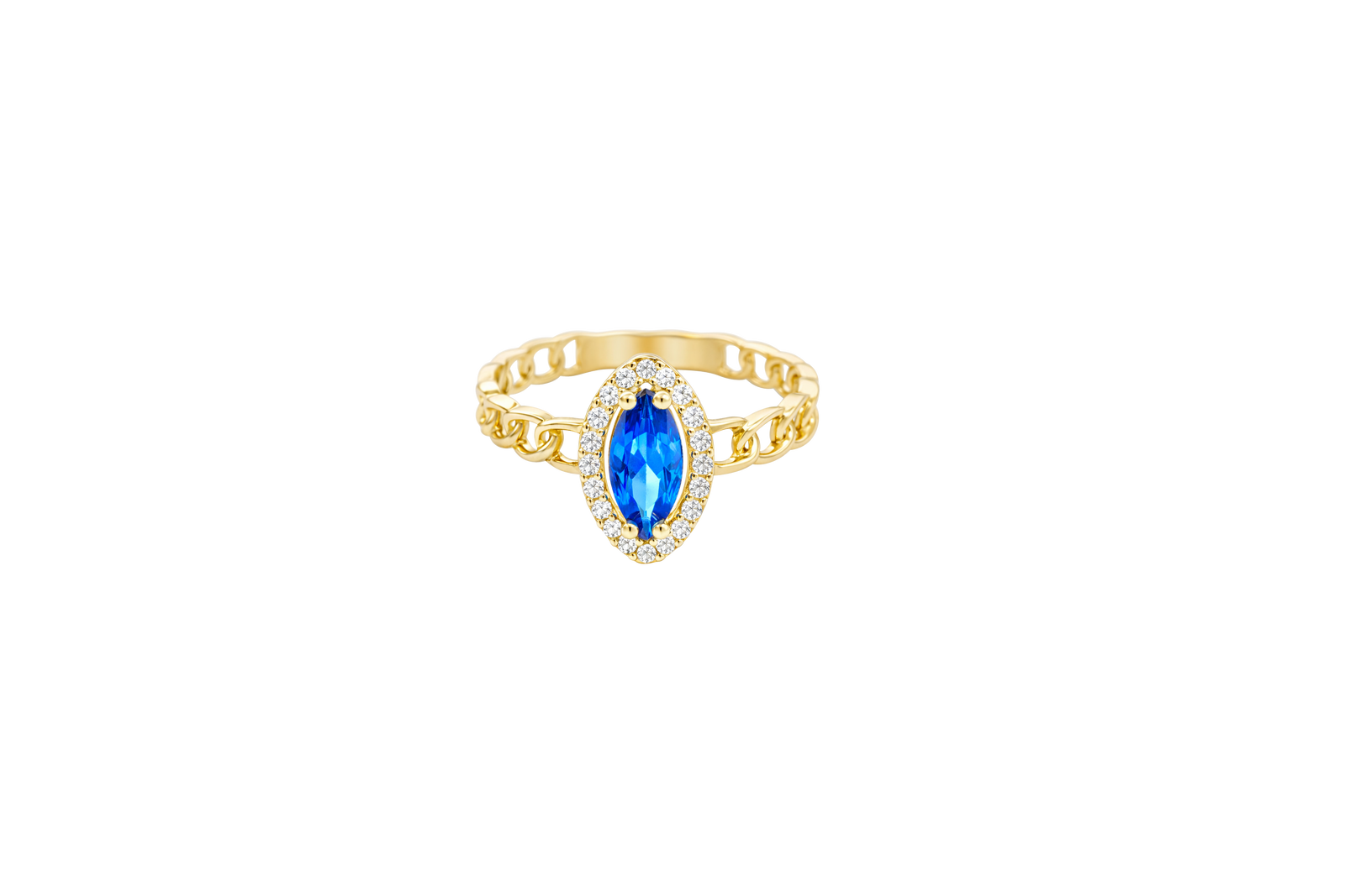 14KT Gold Ring Women's Marquise Navy Blue Center Stone with White CZ Stone Border Chino Band