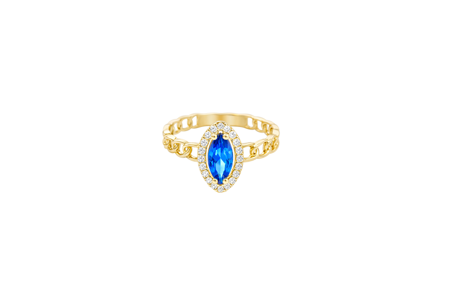 14KT Gold Ring Women's Marquise Navy Blue Center Stone with White CZ Stone Border Chino Band
