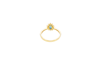 14KT Gold Ring Women's Flower Oval Navy Blue Center Stone with White CZ Stone Petals Border Plain Band