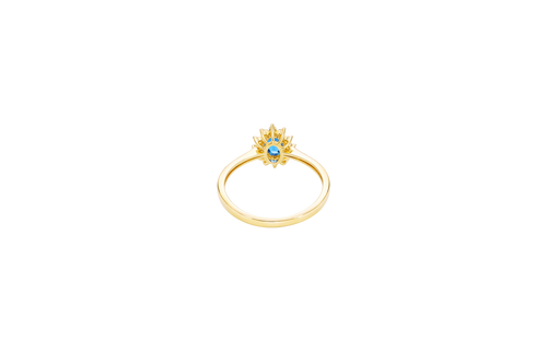 14KT Gold Ring Women's Flower Oval Navy Blue Center Stone with White CZ Stone Petals Border Plain Band