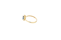 14KT Gold Ring Women's Flower Oval Navy Blue Center Stone with White CZ Stone Petals Border Plain Band