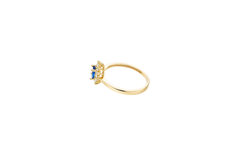 14KT Gold Ring Women's Flower Oval Navy Blue Center Stone with White CZ Stone Petals Border Plain Band
