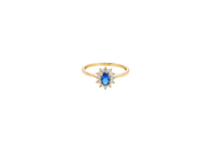 14KT Gold Ring Women's Flower Oval Navy Blue Center Stone with White CZ Stone Petals Border Plain Band