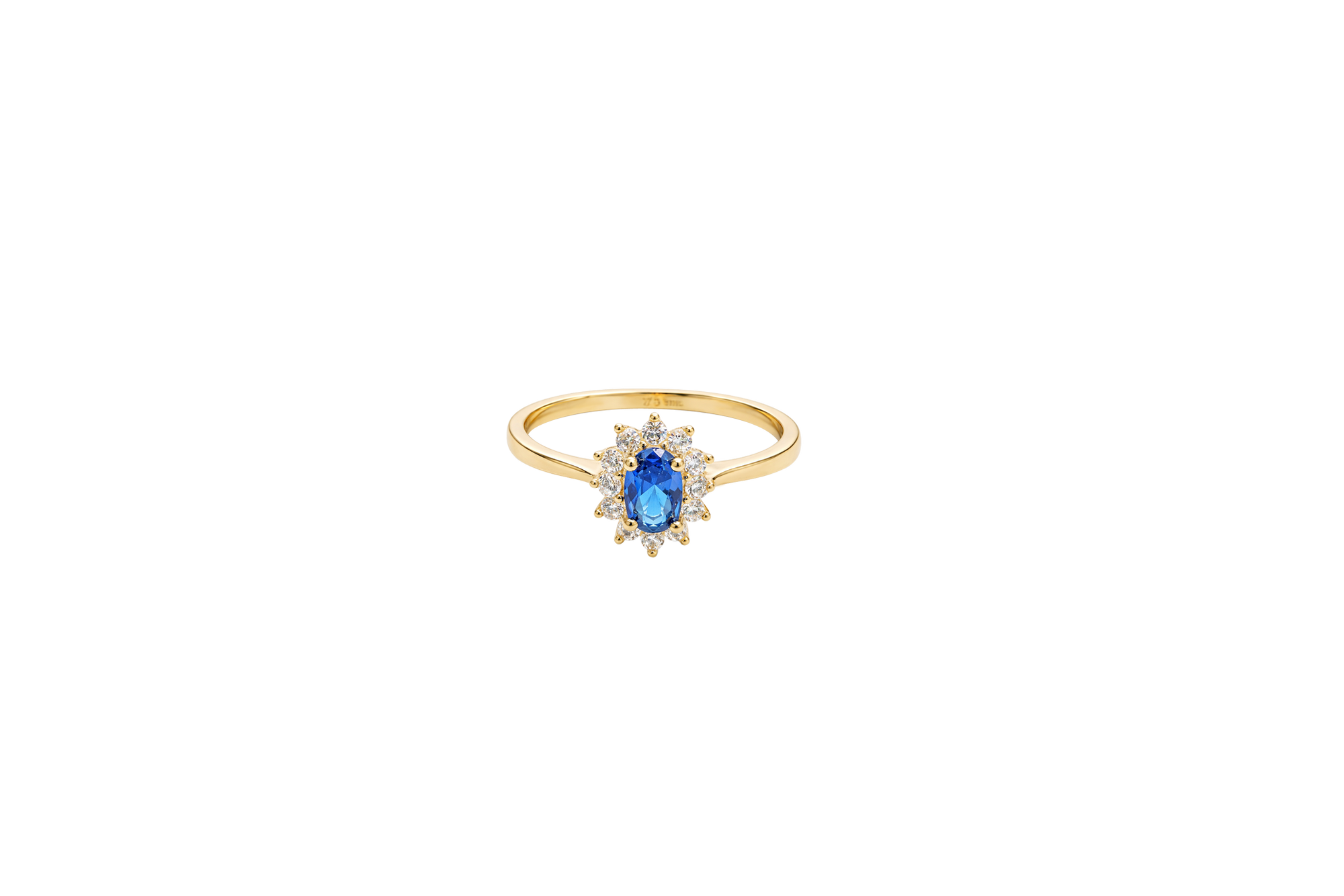 14KT Gold Ring Women's Flower Oval Navy Blue Center Stone with White CZ Stone Petals Border Plain Band