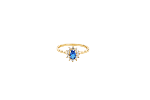 14KT Gold Ring Women's Flower Oval Navy Blue Center Stone with White CZ Stone Petals Border Plain Band
