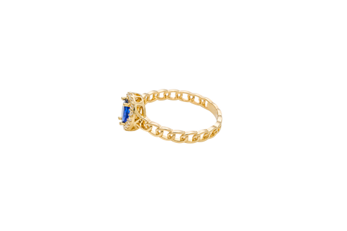 14KT Gold Ring Women's Pear Navy Blue Center Stone with White CZ Stone Border Chino Band