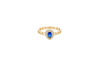 14KT Gold Ring Women's Pear Navy Blue Center Stone with White CZ Stone Border Chino Band