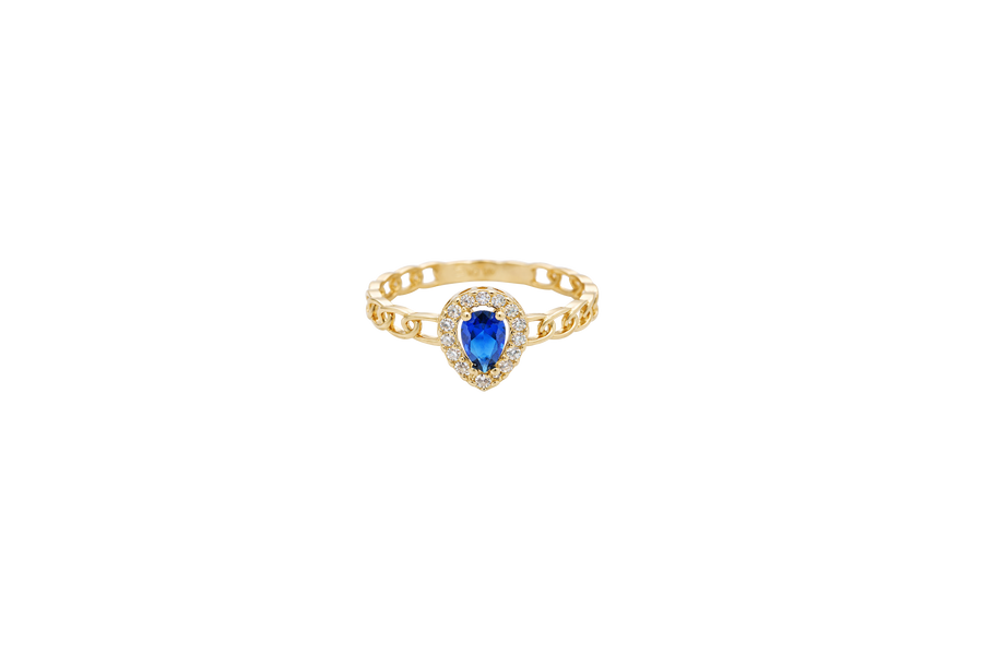 14KT Gold Ring Women's Pear Navy Blue Center Stone with White CZ Stone Border Chino Band
