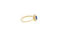 14KT Gold Ring Women's Flower Pear Navy Blue Center Stone with White CZ Stone Petals Border Plain Band