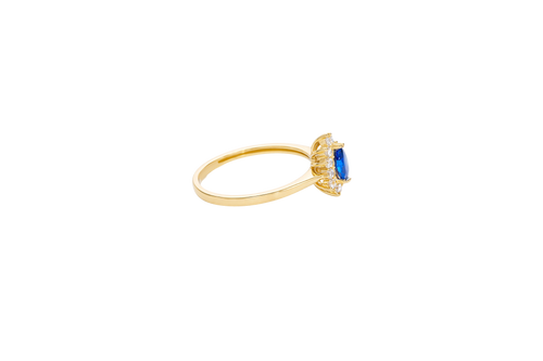 14KT Gold Ring Women's Flower Pear Navy Blue Center Stone with White CZ Stone Petals Border Plain Band