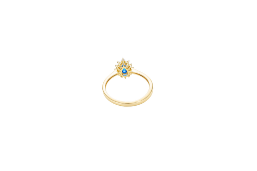 14KT Gold Ring Women's Flower Pear Navy Blue Center Stone with White CZ Stone Petals Border Plain Band