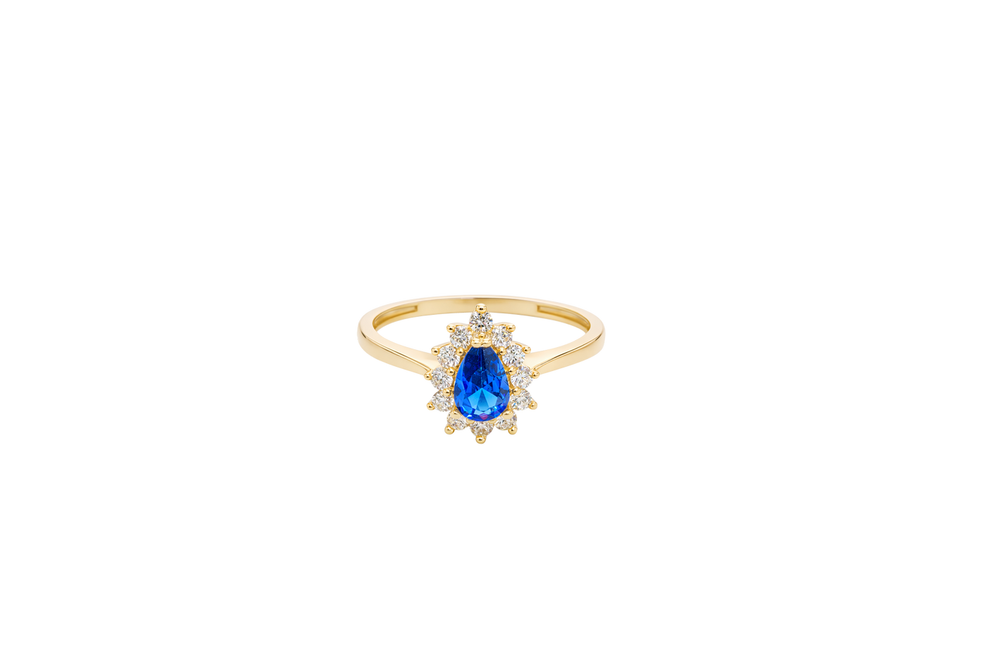 14KT Gold Ring Women's Flower Pear Navy Blue Center Stone with White CZ Stone Petals Border Plain Band