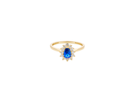 14KT Gold Ring Women's Flower Pear Navy Blue Center Stone with White CZ Stone Petals Border Plain Band