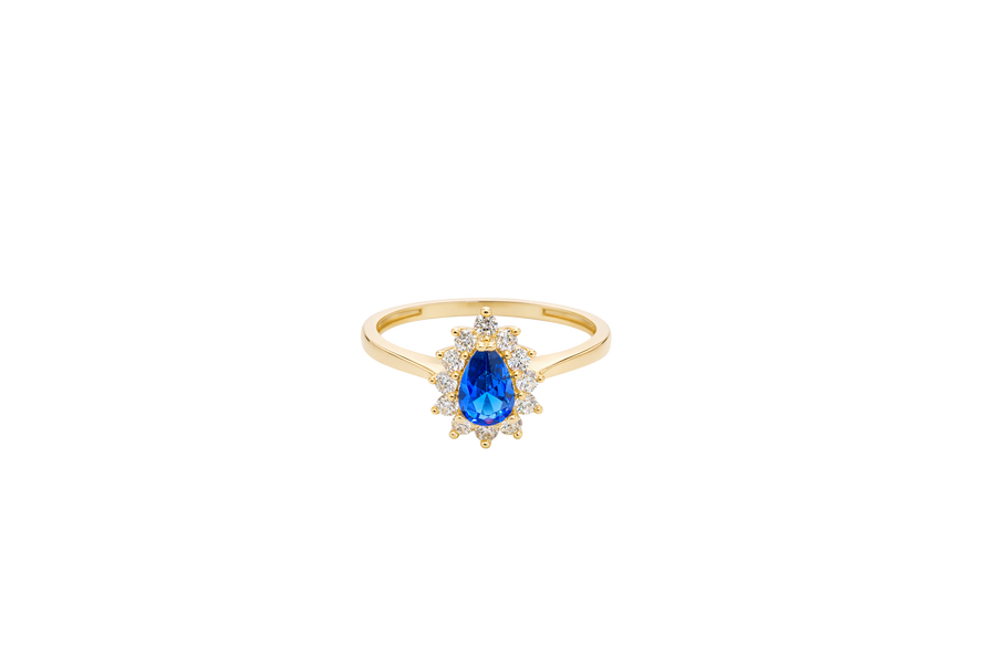 14KT Gold Ring Women's Flower Pear Navy Blue Center Stone with White CZ Stone Petals Border Plain Band