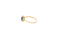 14KT Gold Ring Women's Flower Pear Navy Blue Center Stone with White CZ Stone Petals Border Plain Band