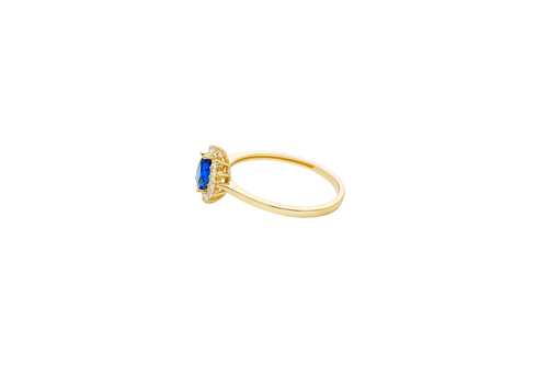 14KT Gold Ring Women's Flower Pear Navy Blue Center Stone with White CZ Stone Petals Border Plain Band