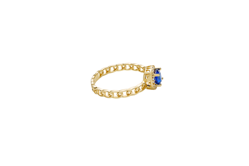 14KT Gold Ring Women's Square Navy Blue Center Stone with White CZ Stone Border Chino Band