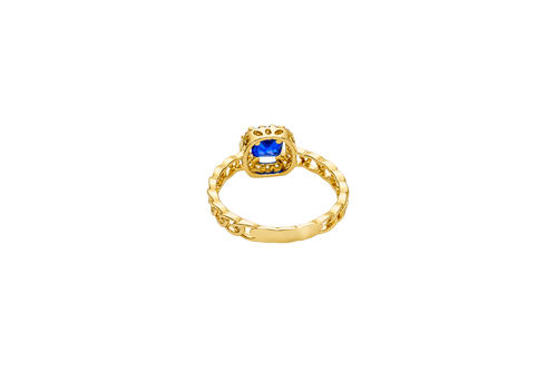 14KT Gold Ring Women's Square Navy Blue Center Stone with White CZ Stone Border Chino Band