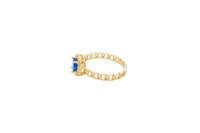14KT Gold Ring Women's Square Navy Blue Center Stone with White CZ Stone Border Chino Band