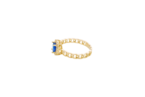 14KT Gold Ring Women's Square Navy Blue Center Stone with White CZ Stone Border Chino Band