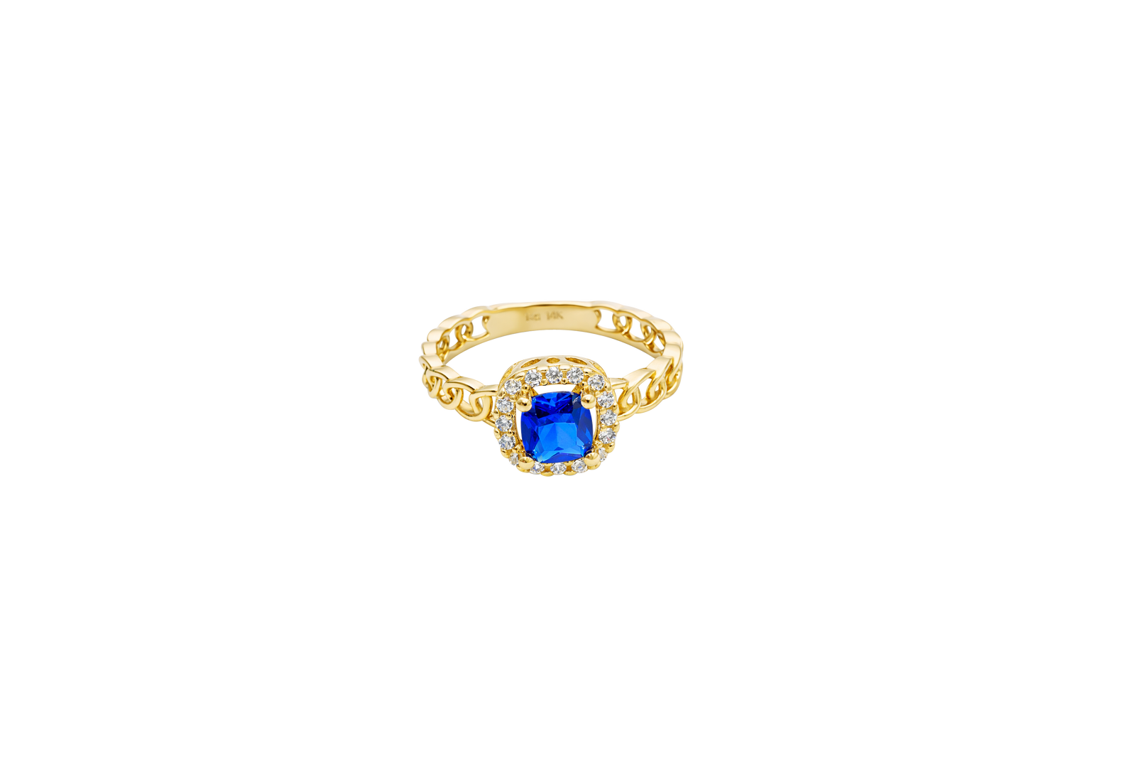 14KT Gold Ring Women's Square Navy Blue Center Stone with White CZ Stone Border Chino Band