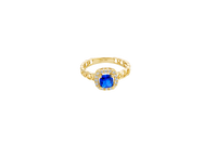 14KT Gold Ring Women's Square Navy Blue Center Stone with White CZ Stone Border Chino Band
