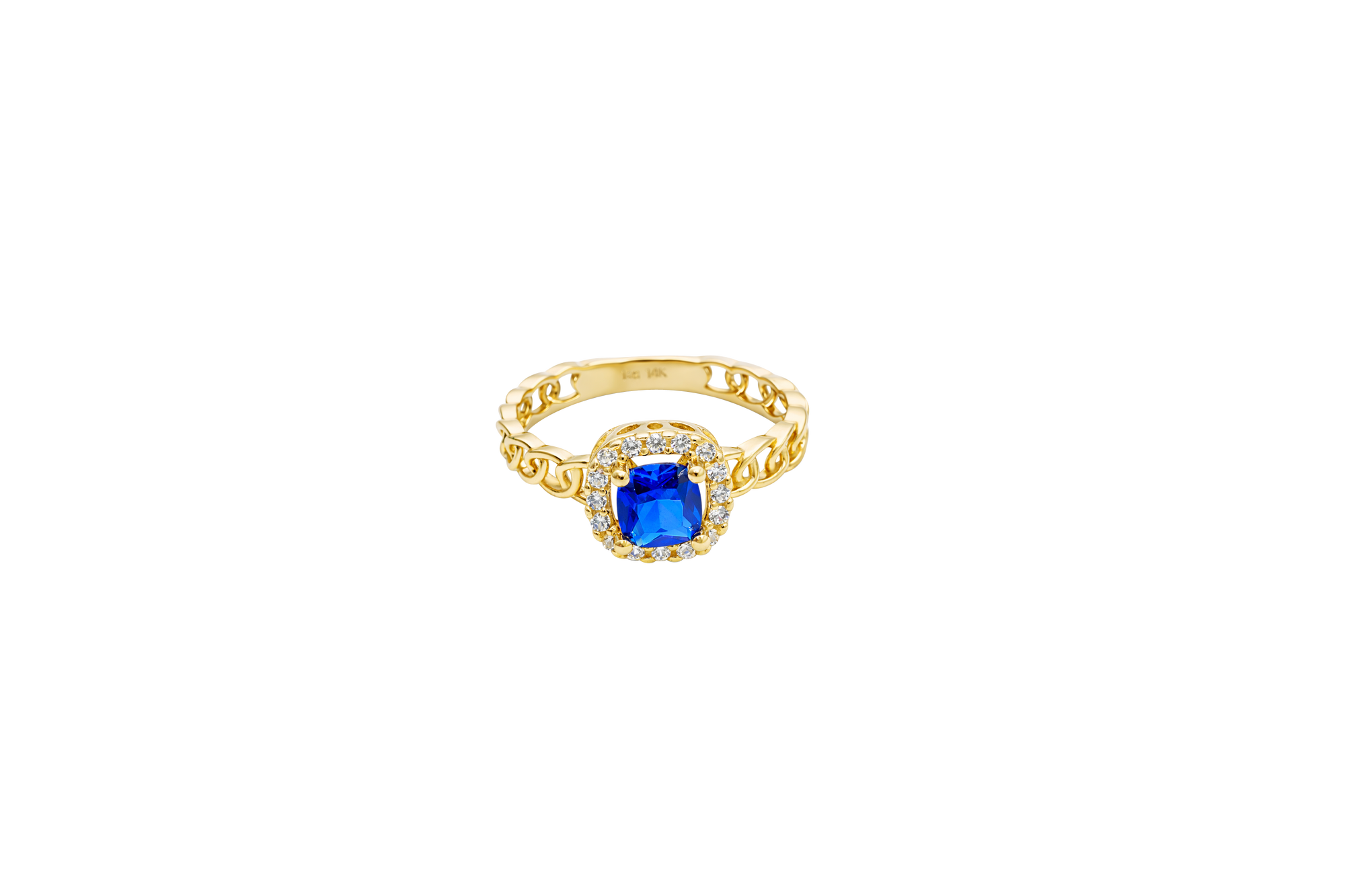 14KT Gold Ring Women's Square Navy Blue Center Stone with White CZ Stone Border Chino Band