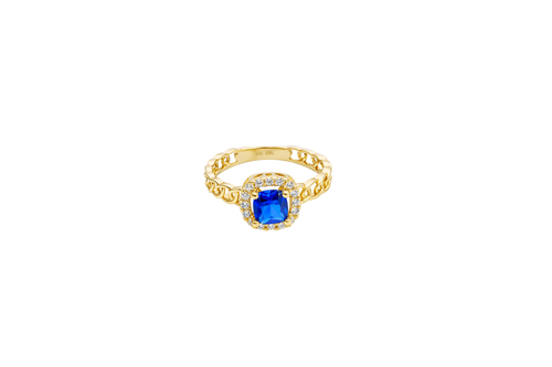 14KT Gold Ring Women's Square Navy Blue Center Stone with White CZ Stone Border Chino Band