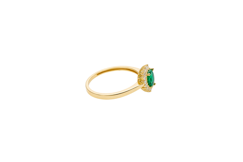 14KT Gold Ring Women's Flower Heart Dark Green Center Stone with White CZ Stone Petal Border Plain Band