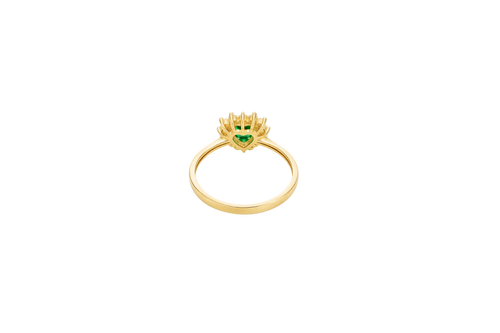 14KT Gold Ring Women's Flower Heart Dark Green Center Stone with White CZ Stone Petal Border Plain Band