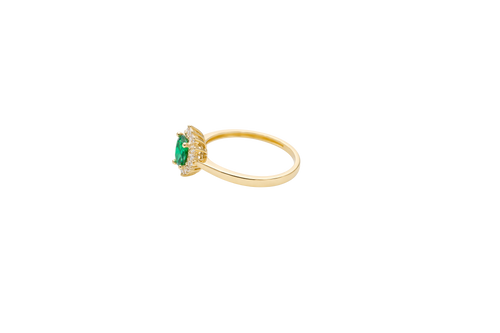 14KT Gold Ring Women's Flower Heart Dark Green Center Stone with White CZ Stone Petal Border Plain Band