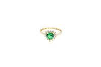 14KT Gold Ring Women's Flower Heart Dark Green Center Stone with White CZ Stone Petal Border Plain Band