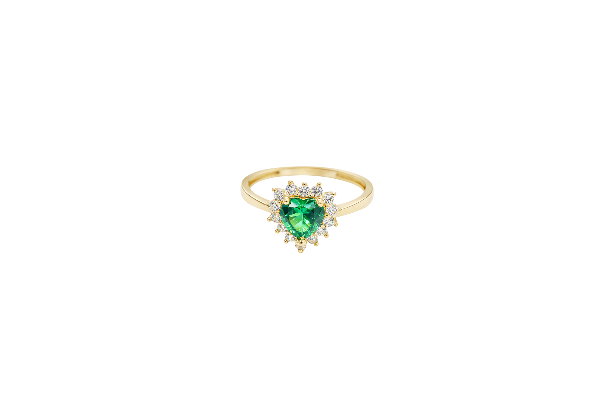 14KT Gold Ring Women's Flower Heart Dark Green Center Stone with White CZ Stone Petal Border Plain Band