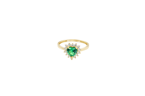 14KT Gold Ring Women's Flower Heart Dark Green Center Stone with White CZ Stone Petal Border Plain Band