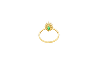 14KT Gold Ring Women's Flower Dark Green Marquise Center CZ Stone with White CZ Stone Petal Borders and Plain Band
