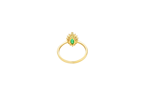 14KT Gold Ring Women's Flower Dark Green Marquise Center CZ Stone with White CZ Stone Petal Borders and Plain Band
