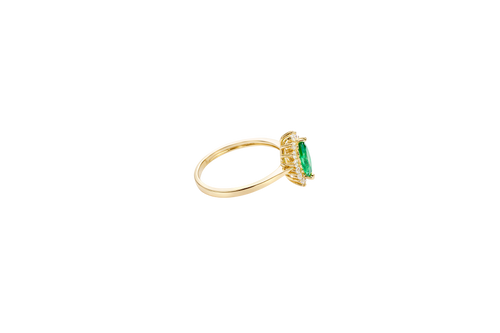 14KT Gold Ring Women's Flower Dark Green Marquise Center CZ Stone with White CZ Stone Petal Borders and Plain Band