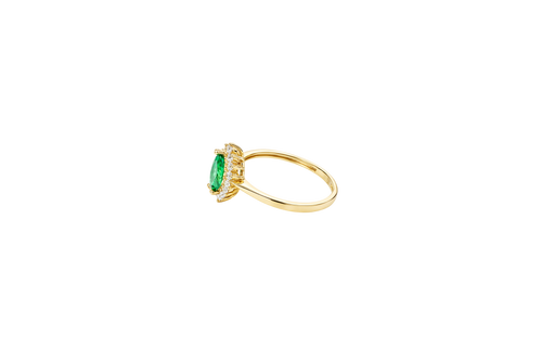 14KT Gold Ring Women's Flower Dark Green Marquise Center CZ Stone with White CZ Stone Petal Borders and Plain Band