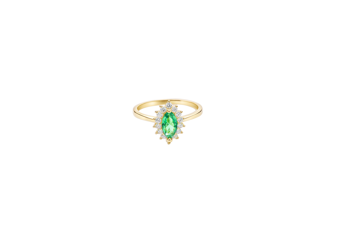 14KT Gold Ring Women's Flower Dark Green Marquise Center CZ Stone with White CZ Stone Petal Borders and Plain Band