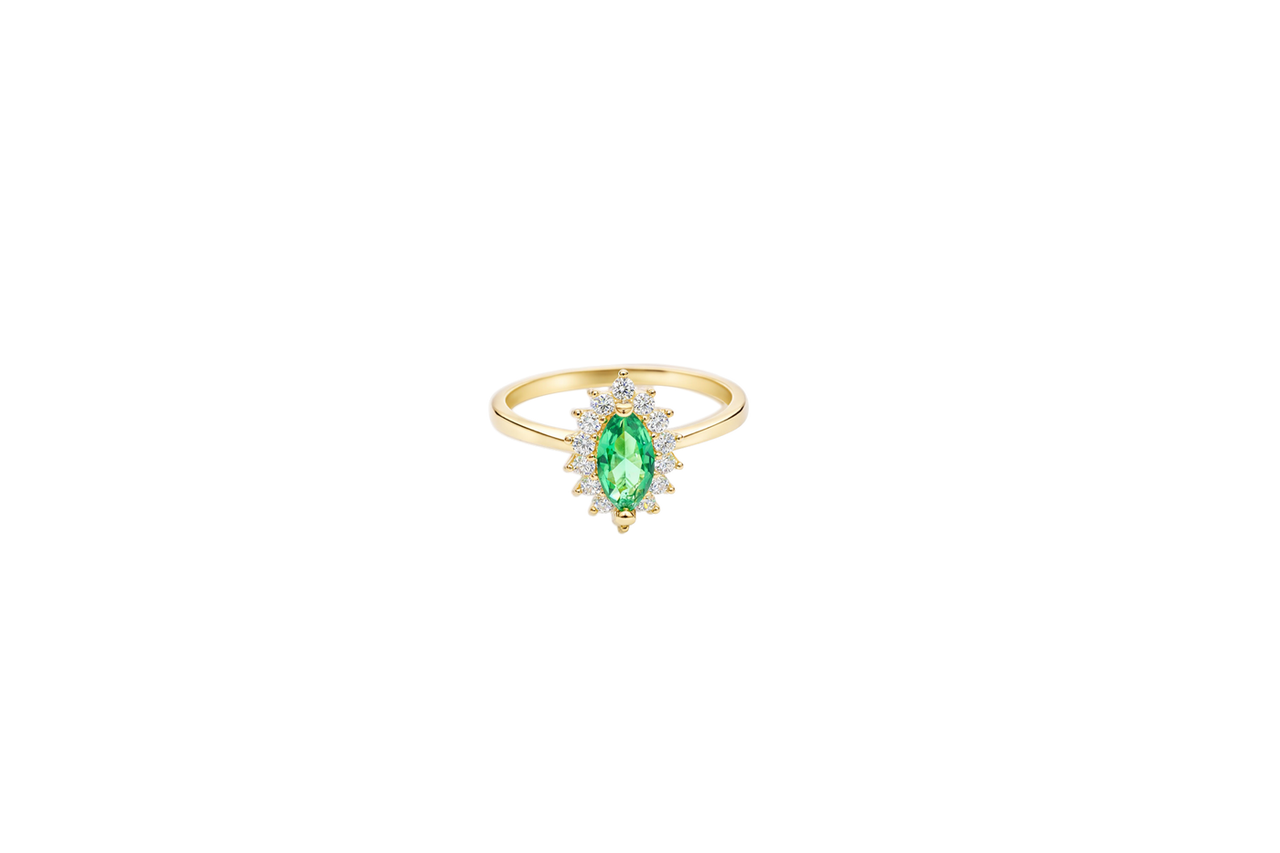 14KT Gold Ring Women's Flower Dark Green Marquise Center CZ Stone with White CZ Stone Petal Borders and Plain Band