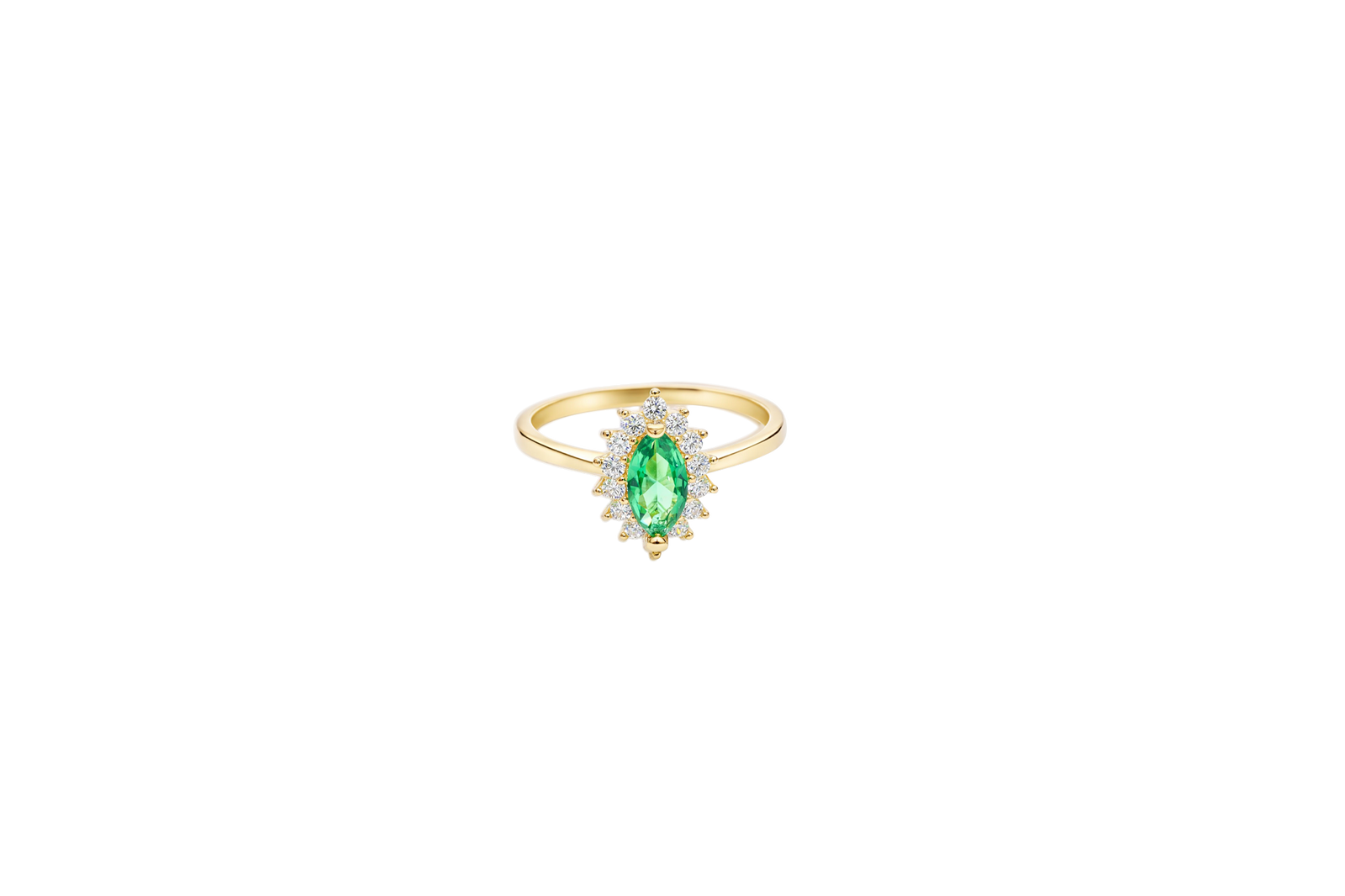 14KT Gold Ring Women's Flower Dark Green Marquise Center CZ Stone with White CZ Stone Petal Borders and Plain Band