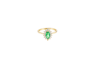 14KT Gold Ring Women's Flower Dark Green Marquise Center CZ Stone with White CZ Stone Petal Borders and Plain Band