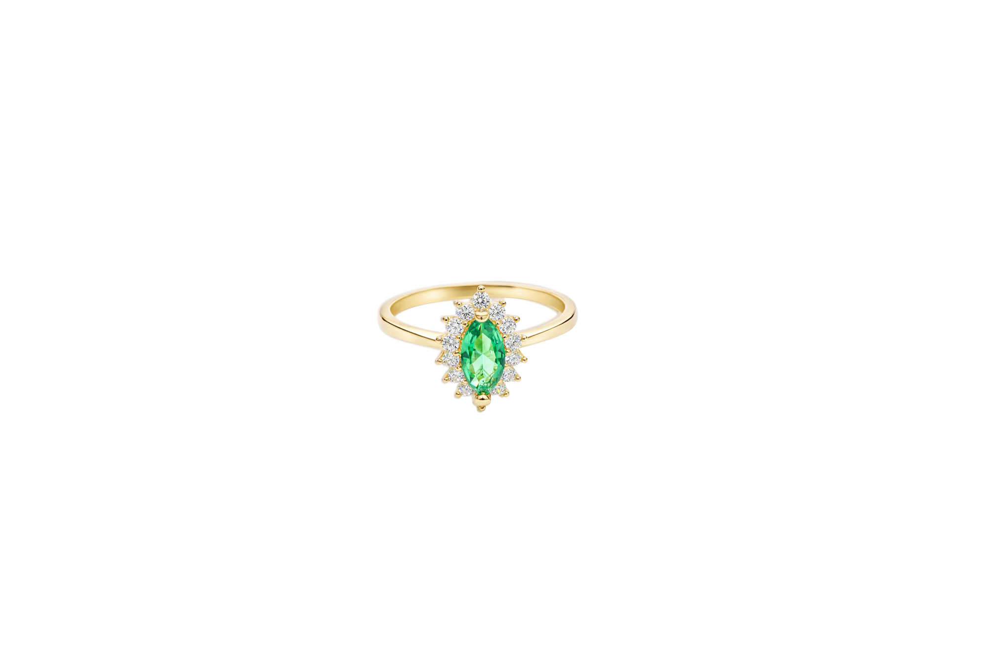 14KT Gold Ring Women's Flower Dark Green Marquise Center CZ Stone with White CZ Stone Petal Borders and Plain Band