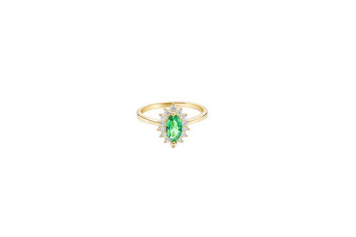 14KT Gold Ring Women's Flower Dark Green Marquise Center CZ Stone with White CZ Stone Petal Borders and Plain Band