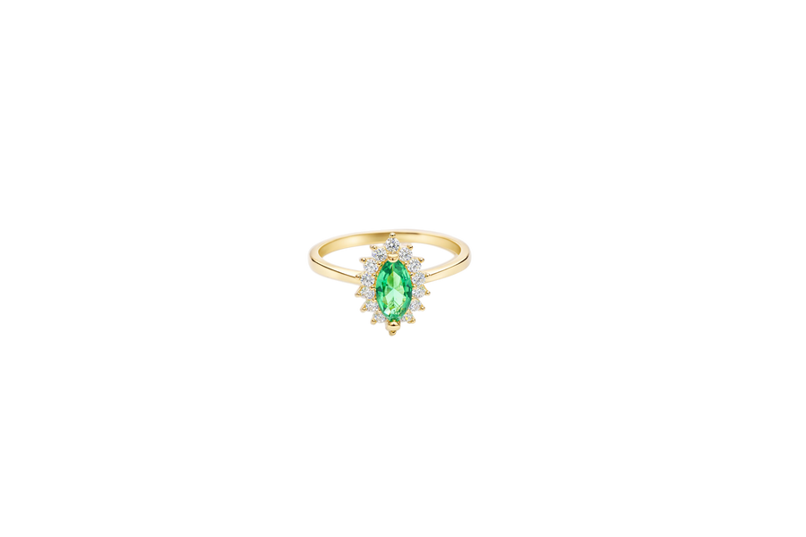 14KT Gold Ring Women's Flower Dark Green Marquise Center CZ Stone with White CZ Stone Petal Borders and Plain Band