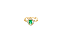 14KT Gold Ring Women's Oval Dark Green Center Stone with White CZ Stone Border Chino Band