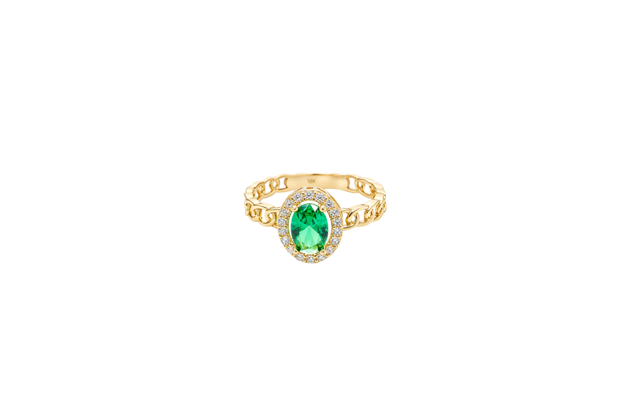 14KT Gold Ring Women's Oval Dark Green Center Stone with White CZ Stone Border Chino Band